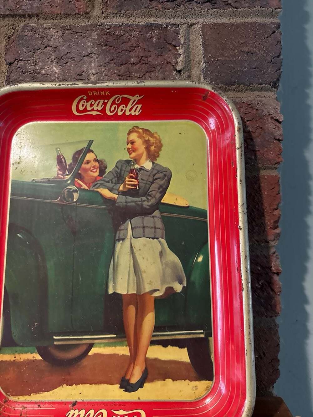 Vintage 1942 Original Coca-Cola Metal Serving Tray Two Girls and Roadster - Picture 4 of 7